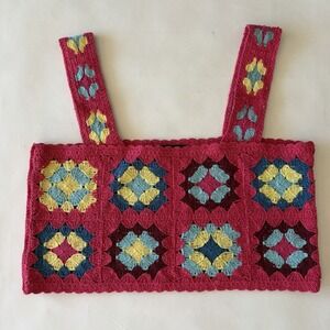 Witty Fox Tank Top Sweater‎ S Retro Floral Print Sweater Knit Crop Granny Square